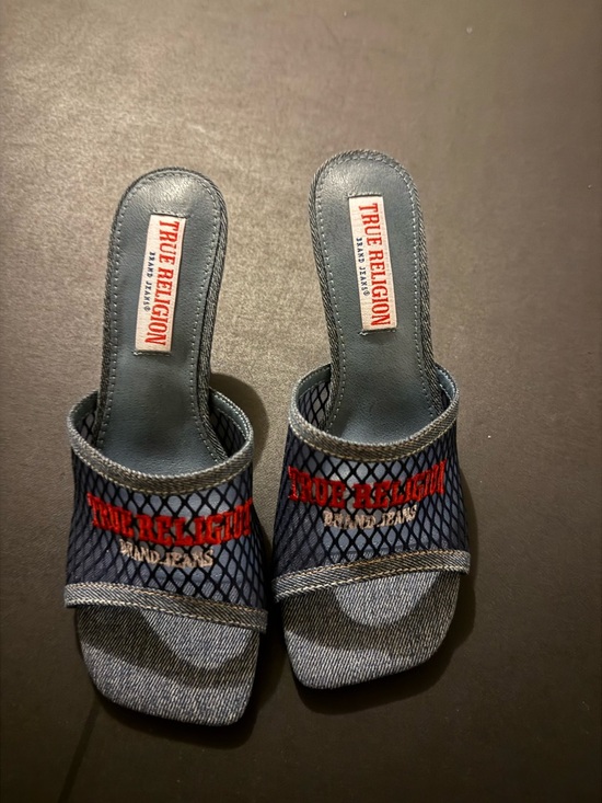 True Religion Shoes - True Religion Denim Slide Mules with Red Logo